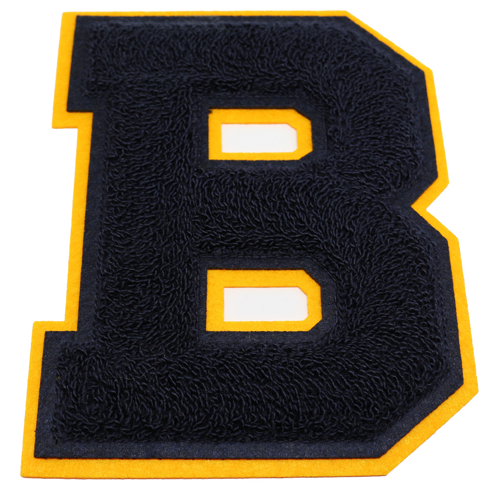 Chenille Letter B custom varsity patch with dark blue and yellow double felt borders