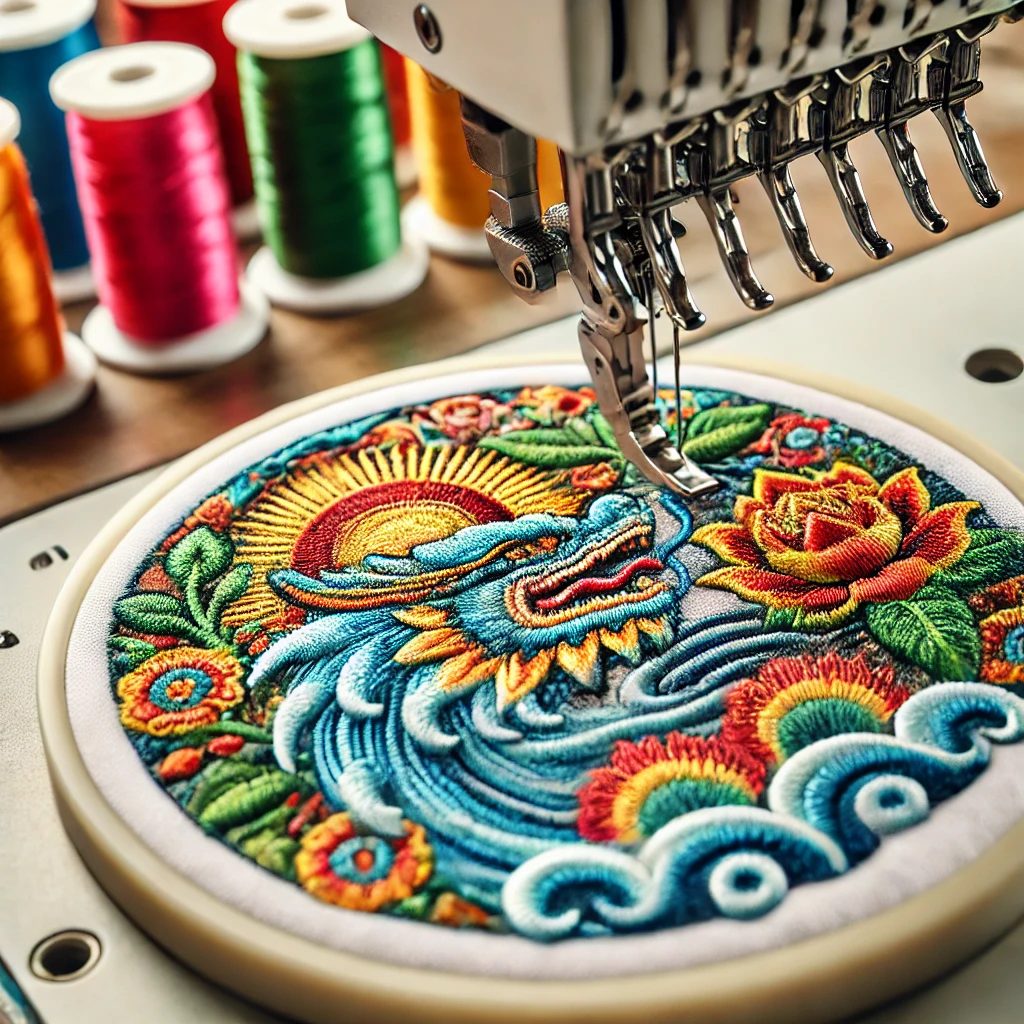 A detailed and artistic close-up of an embroidery machine stitching a vibrant custom patch with intricate designs